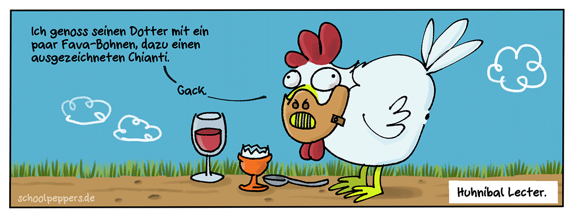 Der Cartoon mit Chianti und Huhn.
